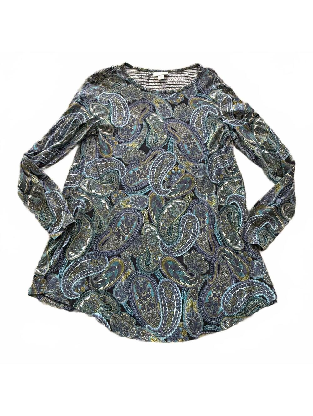 J. JILL Blue/Green Boho Paisley Crew‎ Neck Scoop Bottom long sleeve shirt SZ XS